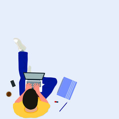 guy working at a laptop, top view. flat illustration. work at home, study.