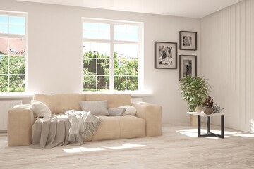 White living room with sofa and summer landscape in window. Scandinavian interior design. 3D illustration