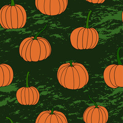Pumpkin, leaf, acorn, mushroom. Vector doodle seamless pattern. Surface pattern design. Background. Autumn Thanksgiving day Happy Halloween party Harvesting. Forest. Vegatarian food symbols.
