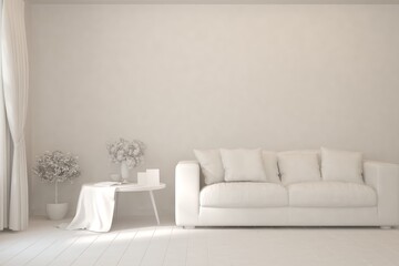 White minimalist living room with sofa. Scandinavian interior design. 3D illustration