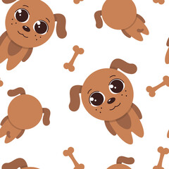 Seamless pattern in children's style with a cute dog and a bone on a white background.