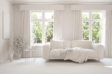 White living room with sofa and summer landscape in window. Scandinavian interior design. 3D illustration