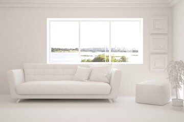 White minimalist living room with sofa. Scandinavian interior design. 3D illustration