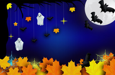 Happy Halloween. Ghosts, bats, yellow autumn leaf and bright moon on dark background. Character halloween from another world, the afterlife. Vector illustration.
