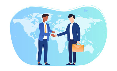 International agreements concept. Two entrepreneurs conclude an agreement and shake hands against the background of the world map. Flat cartoon vector illustration