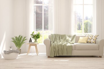 White living room with sofa and summer landscape in window. Scandinavian interior design. 3D illustration