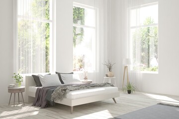 Stylish bedroom in white color with summer landscape in window. Scandinavian interior design. 3D illustration