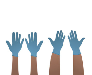 Women's and men's hands wear protective blue gloves. Latex gloves as a symbol of protection against viruses and bacteria. Precautionary icon. Vector illustration isolated on a white background.