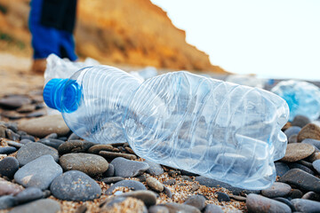 Plastic bottle trash left on a beach