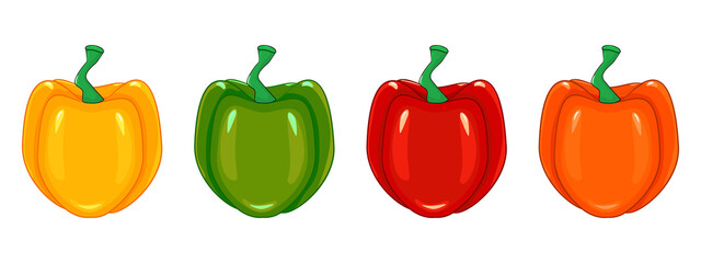 Set of paprika in different colors isolated on white background. Red, green, orange, yellow peppers collection. Whole capsicum bell icon set. Organic vegetable. Farm product. Stock vector illustration