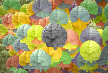 3D rendering crowd of monochrome and colorful  human brains illustration