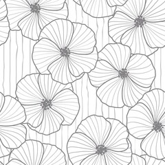 seamless white   abstract  floral background with grey flowers. Thin lines are drawn with a pencil