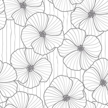 seamless white   abstract  floral background with grey flowers. Thin lines are drawn with a pencil
