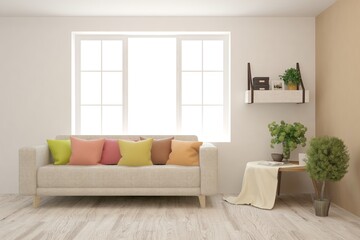 White living room with sofa. Scandinavian interior design. 3D illustration