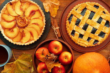 Thanksgiving berry and apple various pies on wooden surface, top view