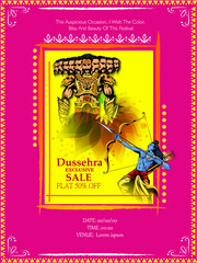 Greeting card of happy dusshera with bow and illustration of Lord Rama killing Ravana in Navratri festival of India(Hindu holiday Vijayadashami). Vector illustration.