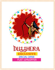 Greeting card of happy dusshera with bow and illustration of Lord Rama killing Ravana in Navratri festival of India(Hindu holiday Vijayadashami). Vector illustration.