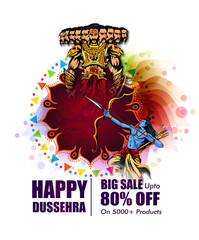 Greeting card of happy dusshera with bow and illustration of Lord Rama killing Ravana in Navratri festival of India(Hindu holiday Vijayadashami). Vector illustration.