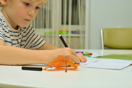 little boy draws with a flamaster on a white table, childhood concept, drawing lessons.