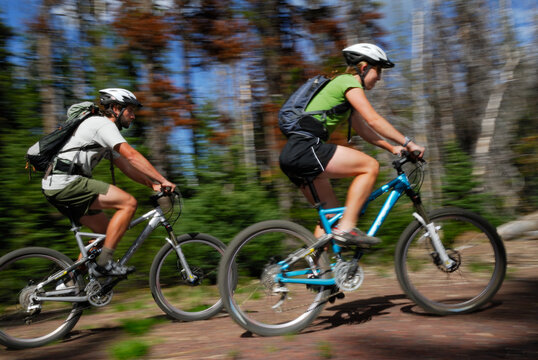 Mountain bikers speeding along a forest trail in sunshine
