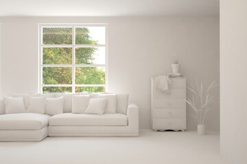 White living room with sofa and summer landscape in window. Scandinavian interior design. 3D illustration