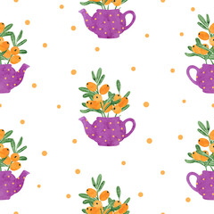 Seamless watercolor teapots with buckthorn berries pattern. Vector tea background