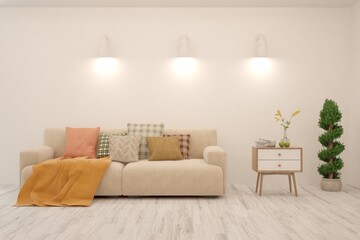 White living room with sofa. Scandinavian interior design. 3D illustration