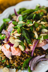 Salmon barley salad with asparagus