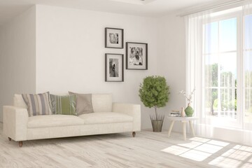 White living room with sofa. Scandinavian interior design. 3D illustration