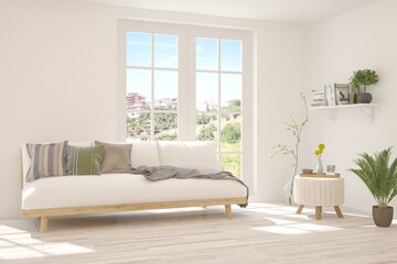 White living room with sofa and summer landscape in window. Scandinavian interior design. 3D illustration