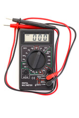 Digital electrical tester multimeter in black case isolated on white background. Digital multimeters have a numeric display, can measure voltage, current and resistance. Close-up.