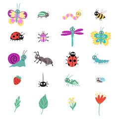 Set with cute insects isolated on white background. Ladybug, butterfly, snail, dragonfly, beetle, spider, caterpillar, worm, fly, bee, ant.