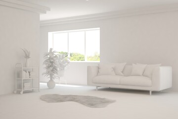 White minimalist living room with sofa. Scandinavian interior design. 3D illustration
