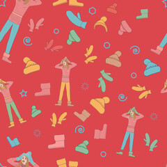 Girl is delighted with the variety of autumn-winter clothes. Seamless pattern, vector illustration