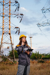 A young engineering worker inspects and controls the equipment of the power line. Energy