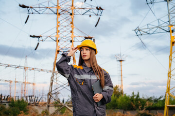 A young engineering worker inspects and controls the equipment of the power line. Energy