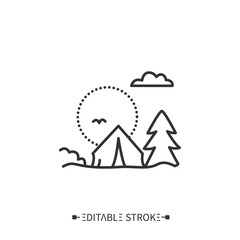  Camping line icon. Touristic overnight stay in a tent or recreational vehicle. Picnic. Adventure tourism. Green, eco tourism. Tourism types concept. Isolated vector illustration. Editable stroke