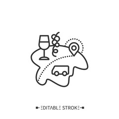 Enotourism line icon. Wine tourism, or vinitourism. Tasting, consumption wine, tour on winery. Vineyard walks. Gastronomic tourism. Tourism types concept. Isolated vector illustration.Editable stroke 