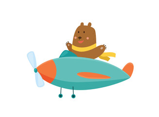 Cute bear flying an airplane with scarf fluttering. Funny pilot flying on planes. Cartoon vector illustration isolated on a white background