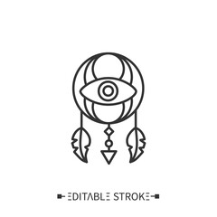 Indian shield line icon. Outline drawing. Protective tribal weapon. Native American culture, attributes.Boho ethnic element. Dream catcher. Decoration. Isolated vector illustration. Editable stroke 