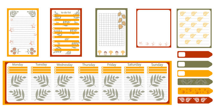 Collection of weekly or daily scheduling, note paper, to-do list, sticker and bookmark templates. Vector. Autumn motives.