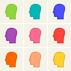 A set of colored icons. Silhouettes of a human head profile, vector illustration. Male heads in different colors isolated on a white background
