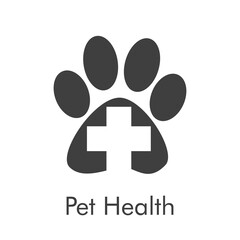 Asistencia sanitaria para mascotas. Logotipo zarpa de gato con cruz en espacio negativo en color gris