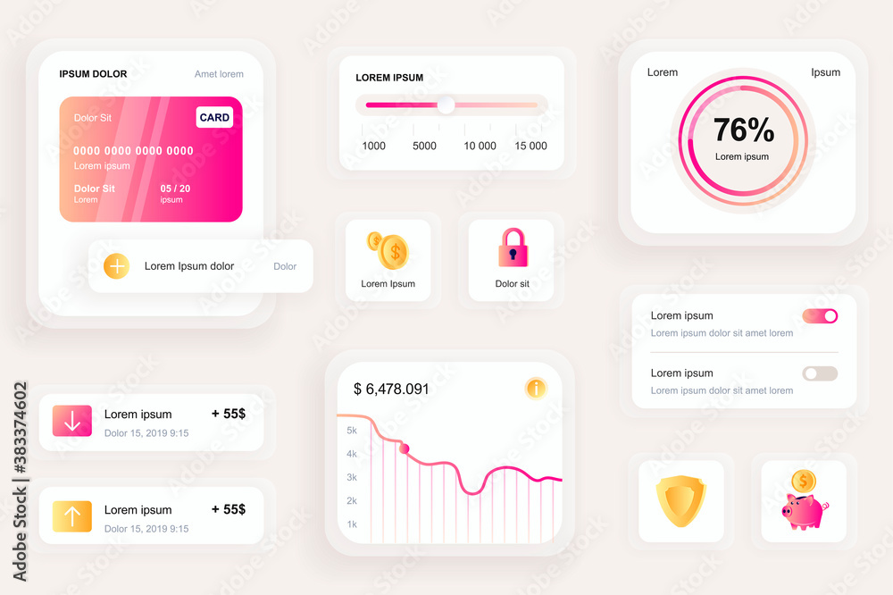 Poster gui elements for banking mobile app. financial analytics of bank account, credit card balance user i