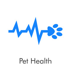 Asistencia sanitaria para mascotas. Logotipo zarpa de gato con pulso cardíaco en color azul