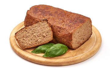 Homemade ground baked turkey meatloaf, isolated on white background