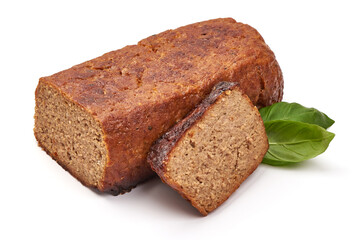Baked turkey meatloaf, isolated on white background