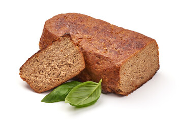 Traditional American meatloaf, isolated on white background