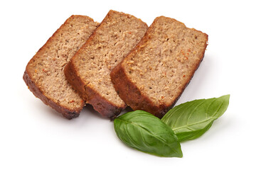 Traditional American meatloaf, isolated on white background