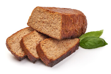 Baked traditional meatloaf, isolated on white background